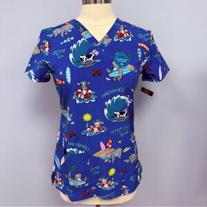 NWT Dickies Scrub Top XS Cowabunga Surf Animals Royal Blue Scrubs Uniform Nurse